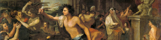 Bannière illustrant la Lupercale : grotte du Lupercal, louve, prêtres et magie ancienne, inspiration parfum artisanal Amadoria.